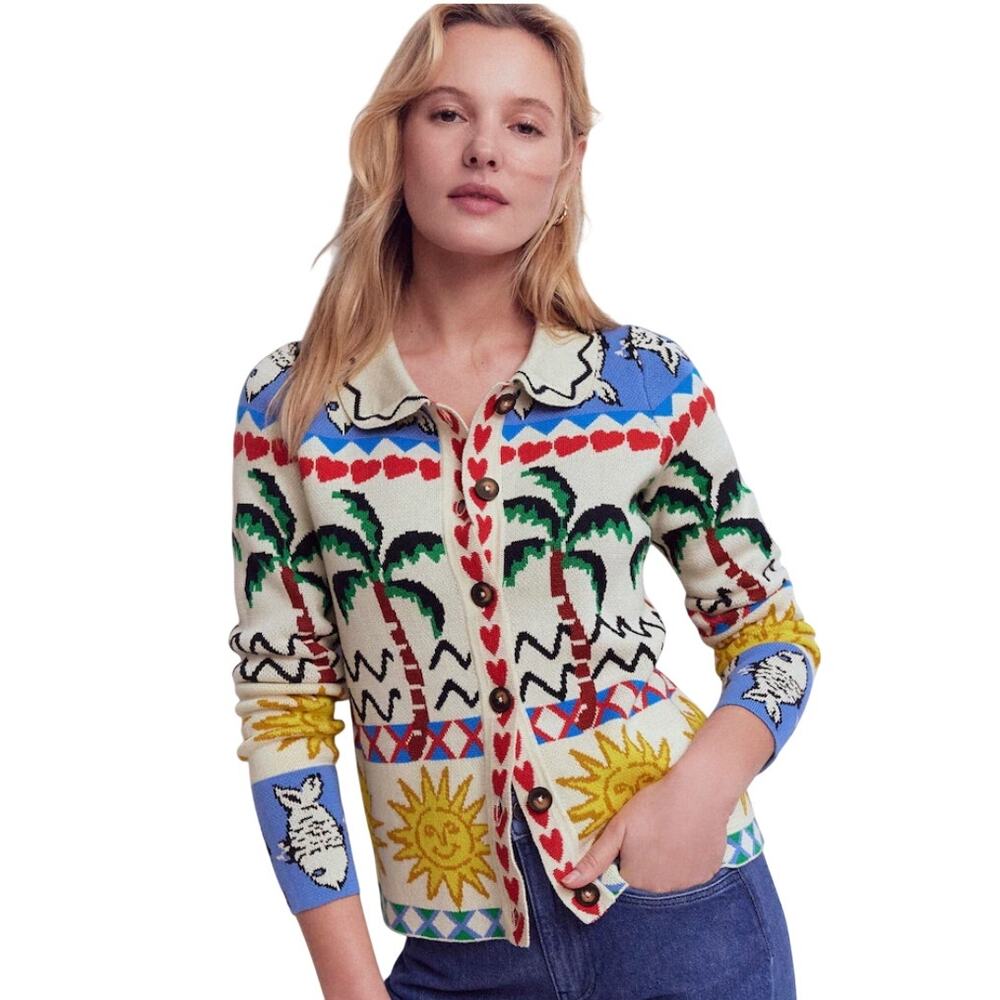 Boden Cream Jacquard Sun and Palm tree Knitted Shacket Size Large